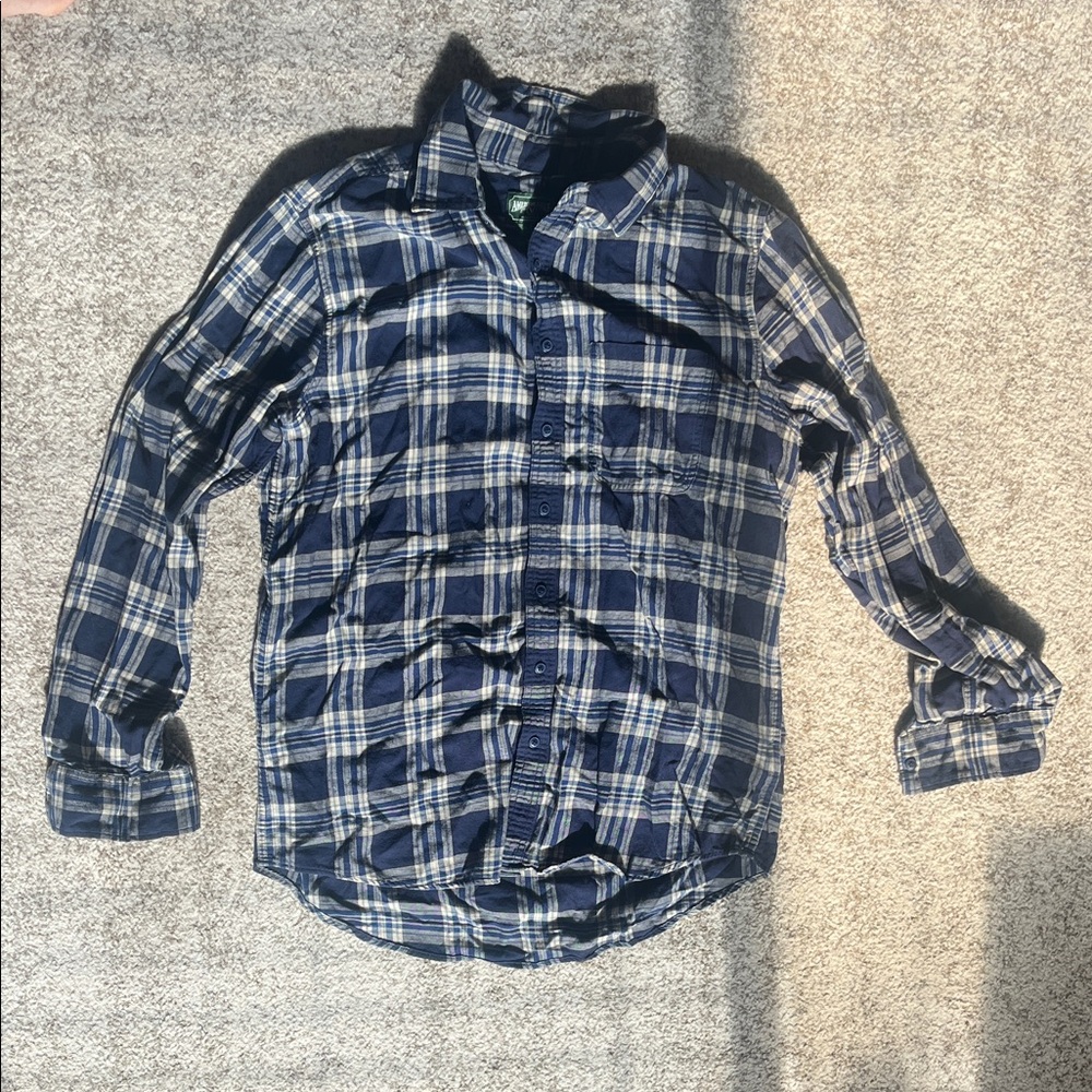 American Eagle Outfitters Men’s Plaid Flannel Shirt Navy and Tan (LT)